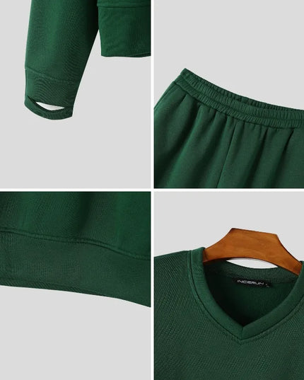 INCERUN Men’s Loose-Fit Two-Piece Set with V-Neck Long-Sleeve Top and Pants