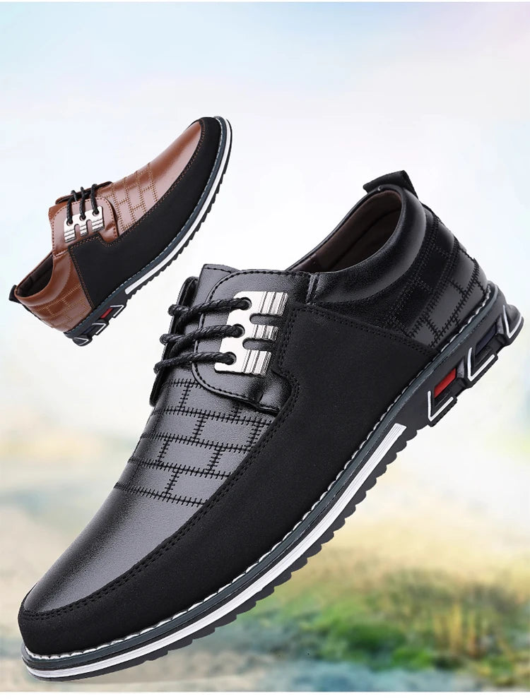 Men's Grid Pattern Leather Shoes – Breathable, Soft Leather Upper with Durable Rubber Sole