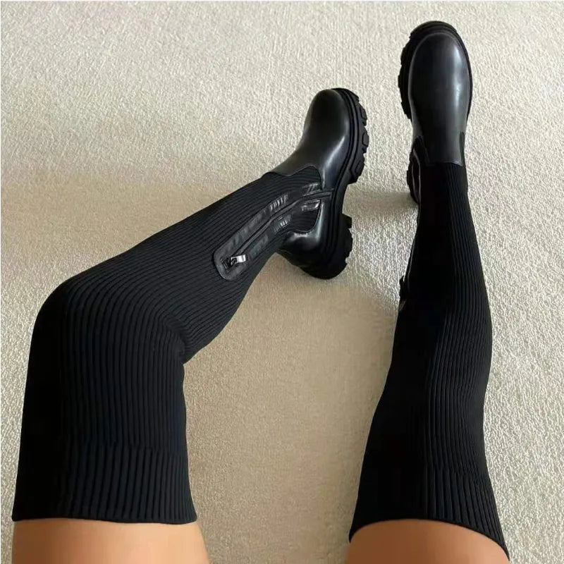 Women's Thigh High Boots - Breathable Knitted Sock Design with Thick Sole