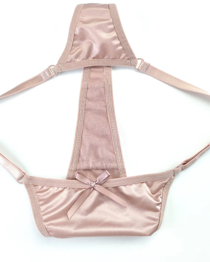 3-Piece Pink Satin Thong Set for Women - Adjustable Low Waist, Comfortable Silk Lace Underwear