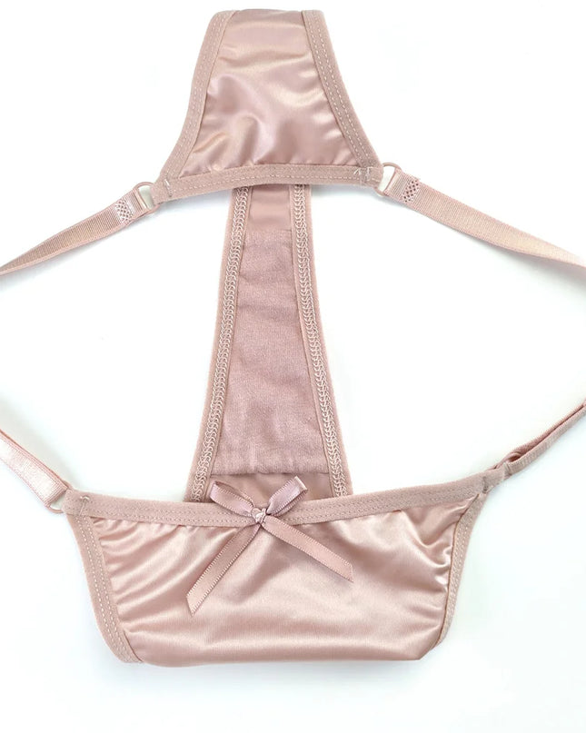 3-Piece Pink Satin Thong Set for Women - Adjustable Low Waist, Comfortable Silk Lace Underwear
