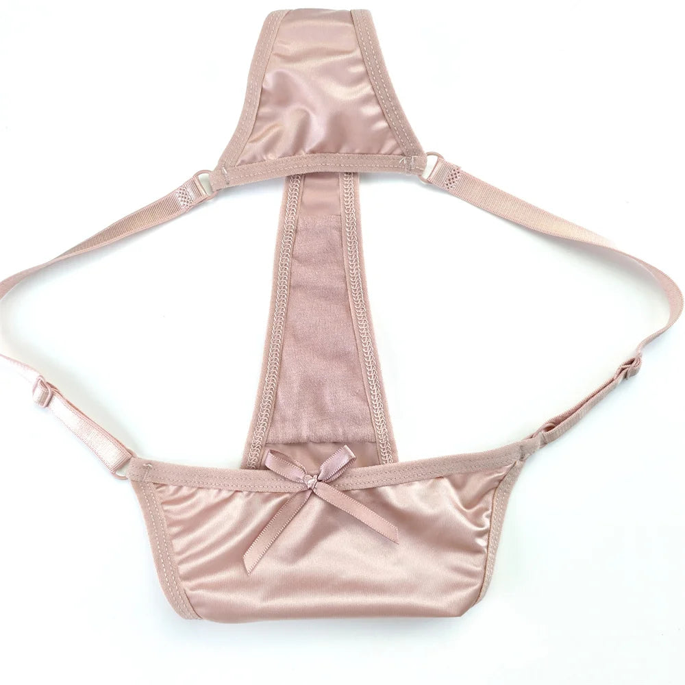 3-Piece Pink Satin Thong Set for Women - Adjustable Low Waist, Comfortable Silk Lace Underwear