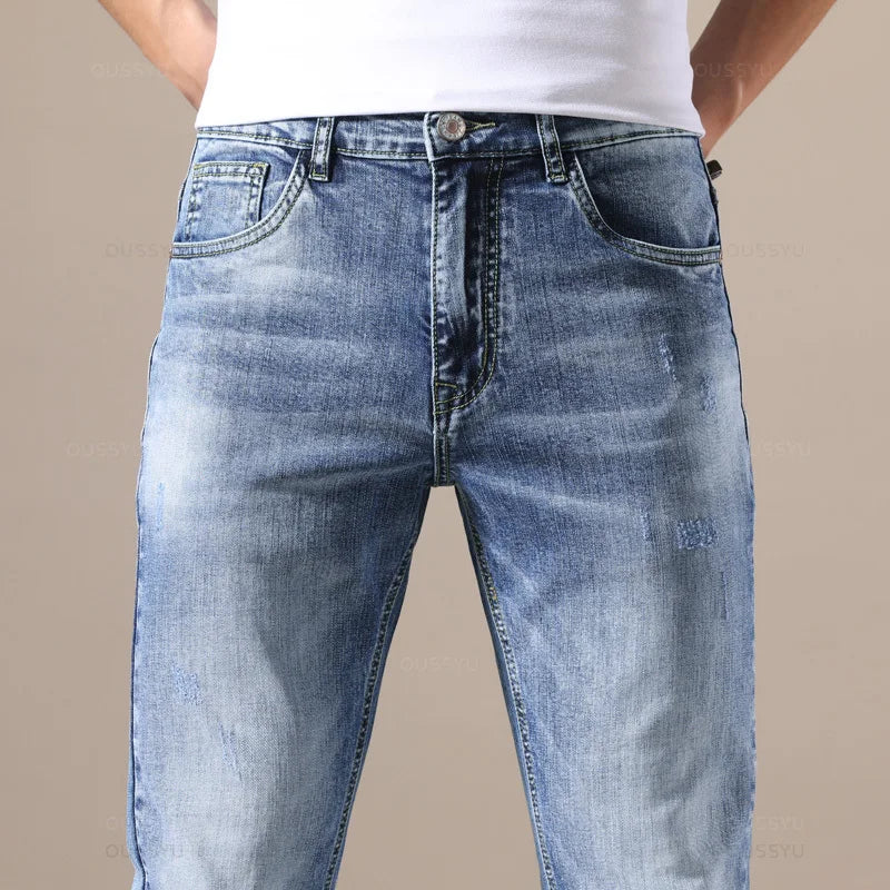 Stylish OUSSYU Men's Denim Jeans – Retro Pleated Skinny Fit Jeans for Men
