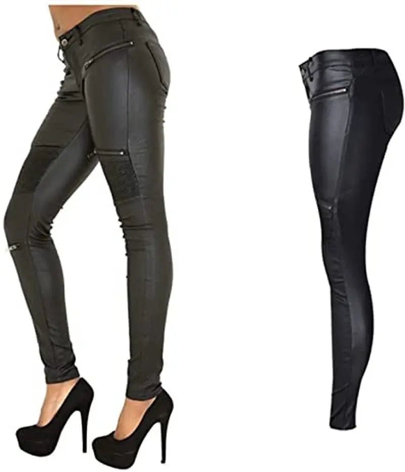 Women's PU Leather-Coated Slim Stretch Pants with Zipper Pockets