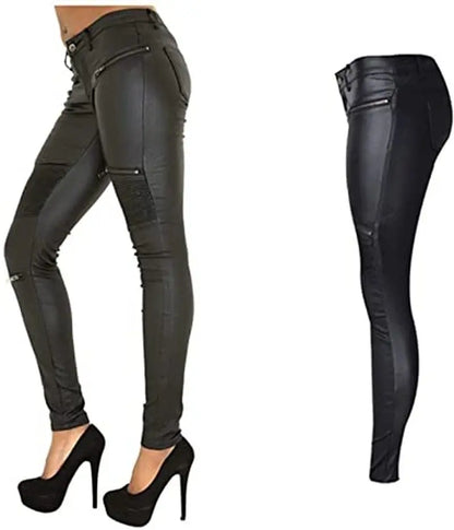 Women's PU Leather-Coated Slim Stretch Pants with Zipper Pockets