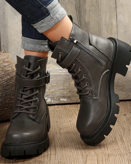 Women’s Chunky Heel Belt Buckle Boots with Lace-Up Design
