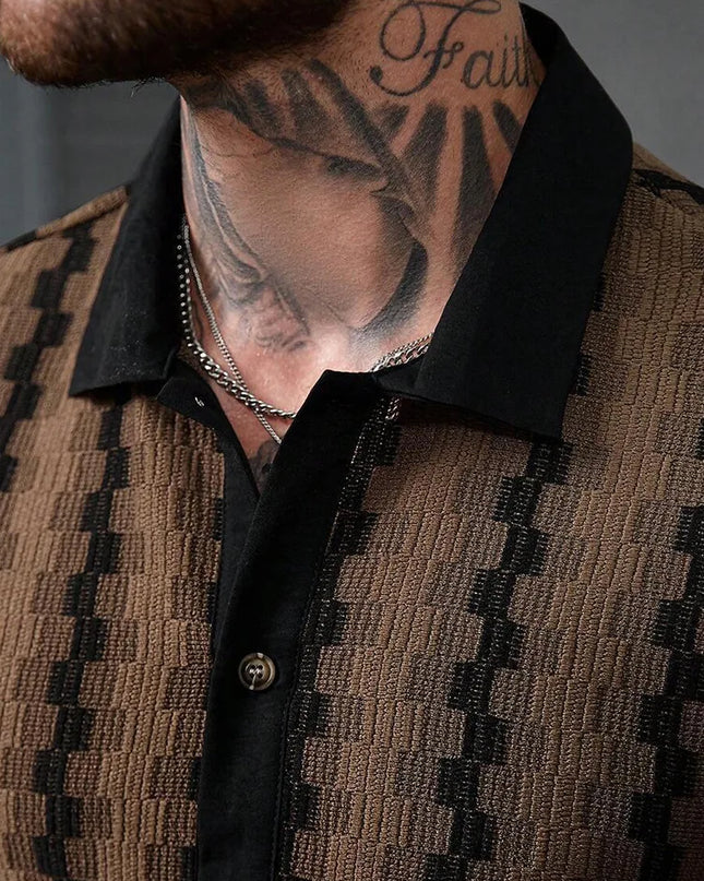 Men's Knit Short Sleeve Shirt with Vintage Plaid Pattern and Breathable Fabric