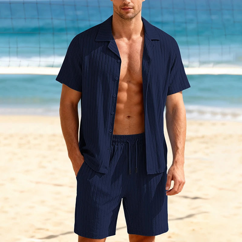 Men's Two-Piece Casual Button-Down Shirt and Drawstring Shorts Set