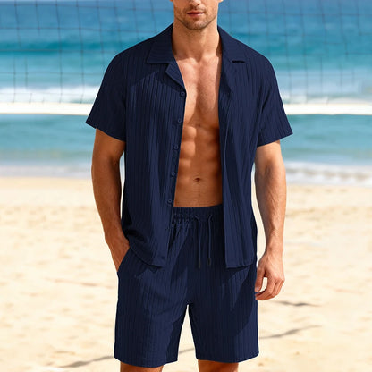 Men's Two-Piece Casual Button-Down Shirt and Drawstring Shorts Set