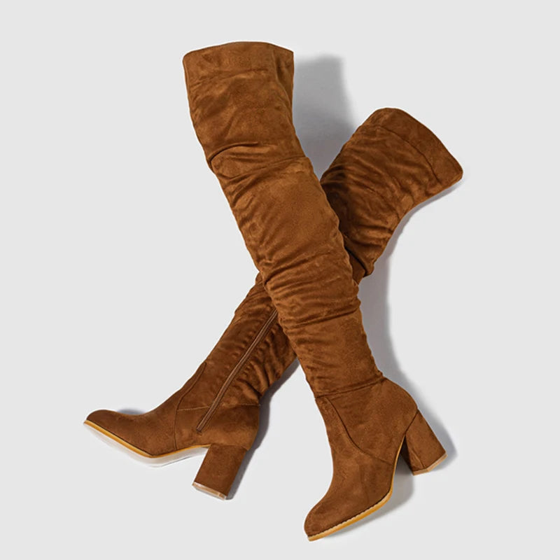 Women's Over-the-Knee Boots - Toe Zip, Thigh-High Shoes with Square Heels
