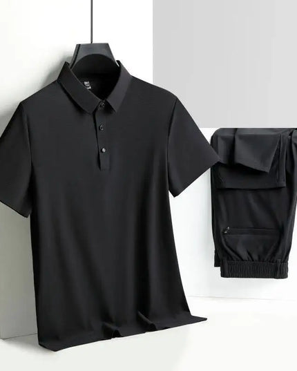 Men's Two-Piece Relaxed Ice Silk Stan Collar T-Shirt and Pants Set