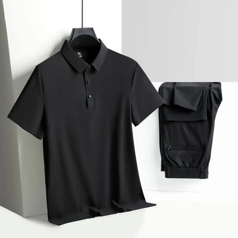 Men's Two-Piece Relaxed Ice Silk Stan Collar T-Shirt and Pants Set