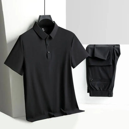 Men's Two-Piece Relaxed Ice Silk Stan Collar T-Shirt and Pants Set