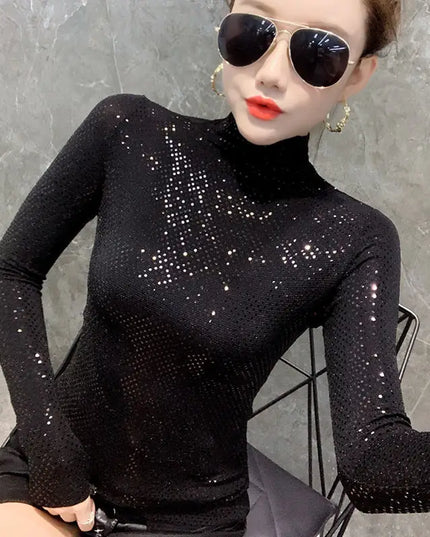 Shiny Sequin Turtleneck Sweater for Women - Long Sleeve Slim Fit Sequin Top