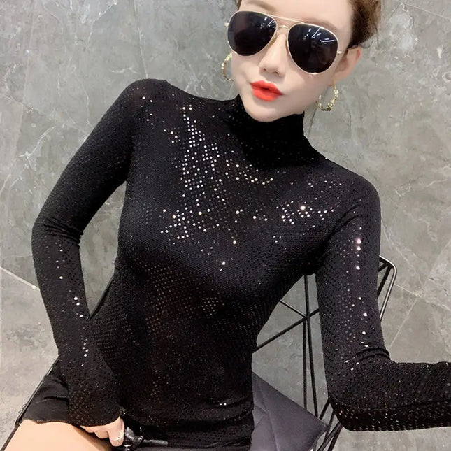 Shiny Sequin Turtleneck Sweater for Women - Long Sleeve Slim Fit Sequin Top