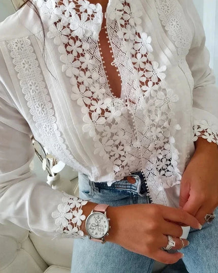Women's White Blouse with Flower Hollow Stand Collar