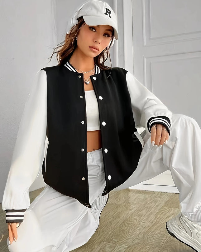 Women's Oversized Korean-Style Baseball Jacket with Button Closure