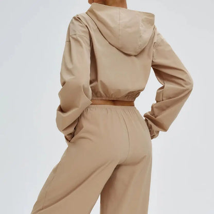 Women’s Two-Piece Set: Zipper Hooded Cropped Jacket and Wide-Leg Pants