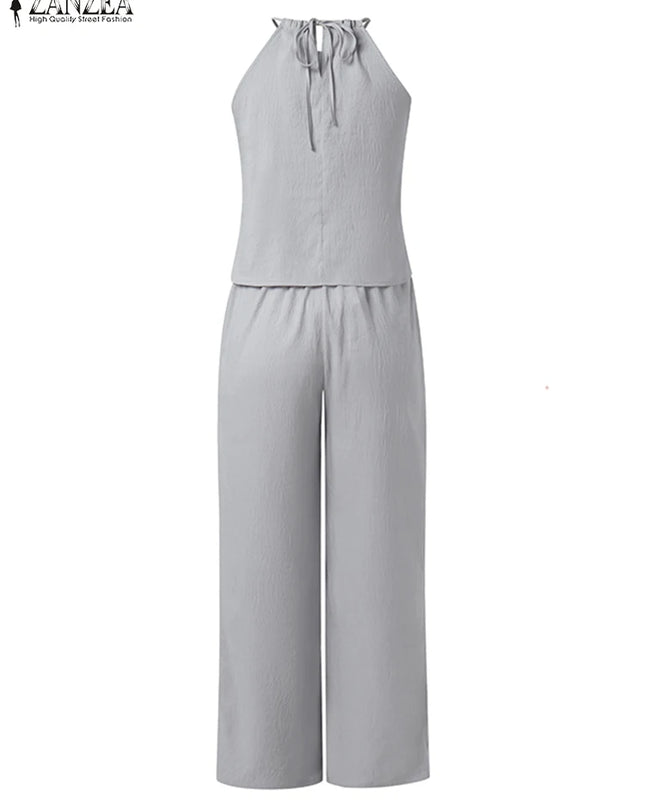 ZANZEA Women's Two-Piece Set: Sleeveless Halter Tops and Elastic Waist Pants