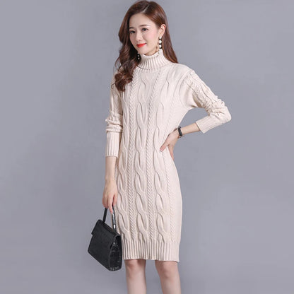 Women's Oversized Knitted Turtleneck Twist Sweater Dress