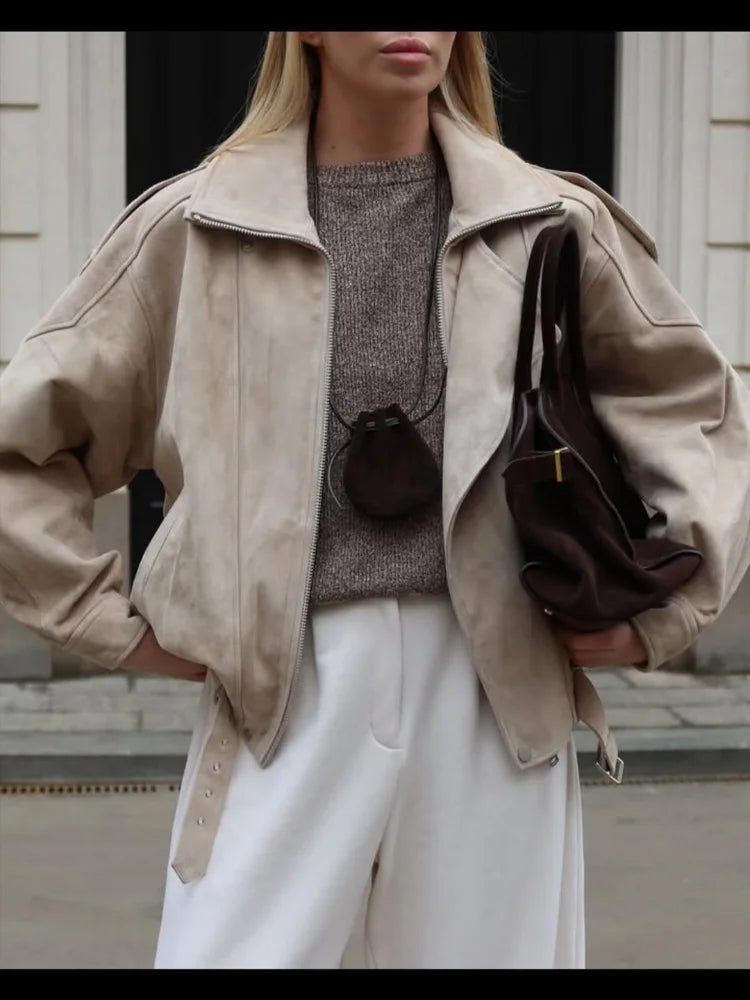 Women's Faux Suede Cropped Jacket with Vintage Lapel & Zipper
