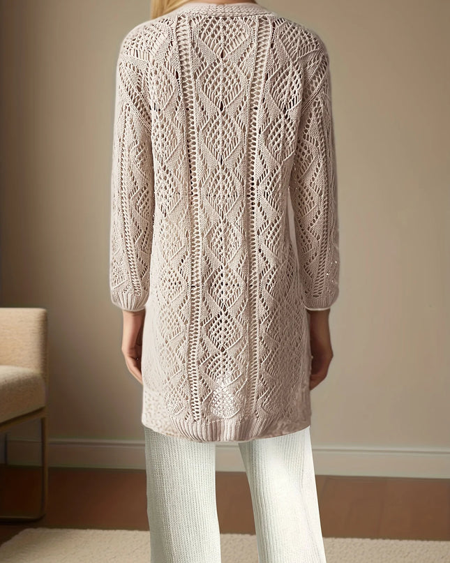 Women's Casual Long Sleeve Button-Down Hollow Knit Cardigan Sweater