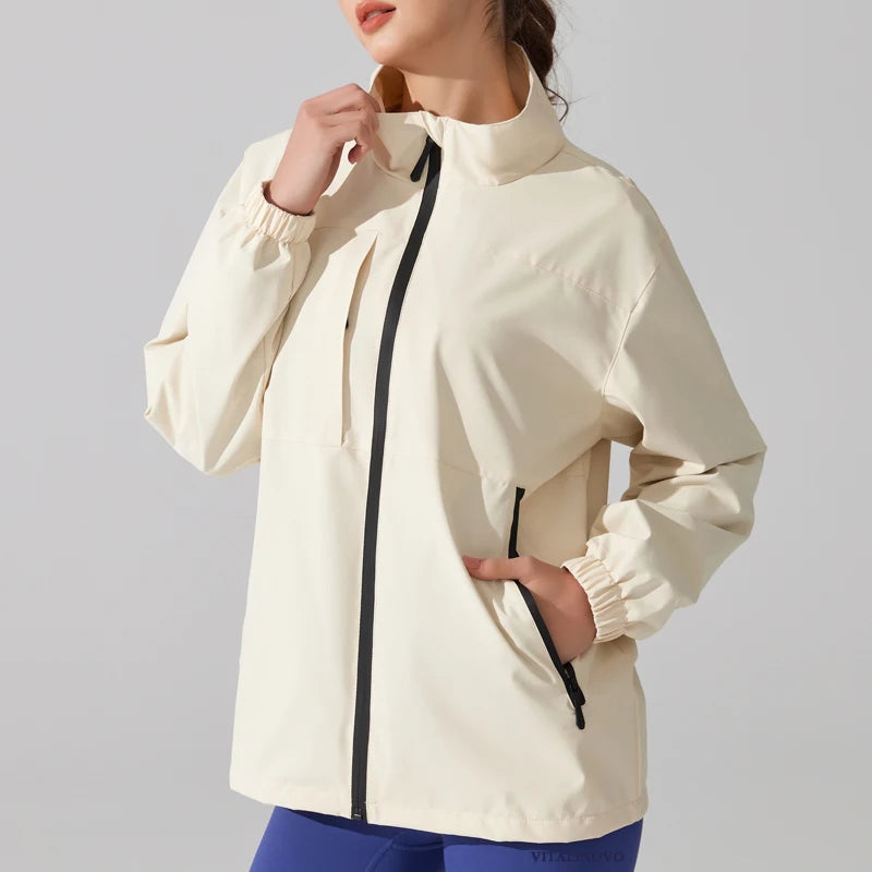 Women's Waterproof Rain Jacket with Stand Collar - Lightweight, Full Zipper