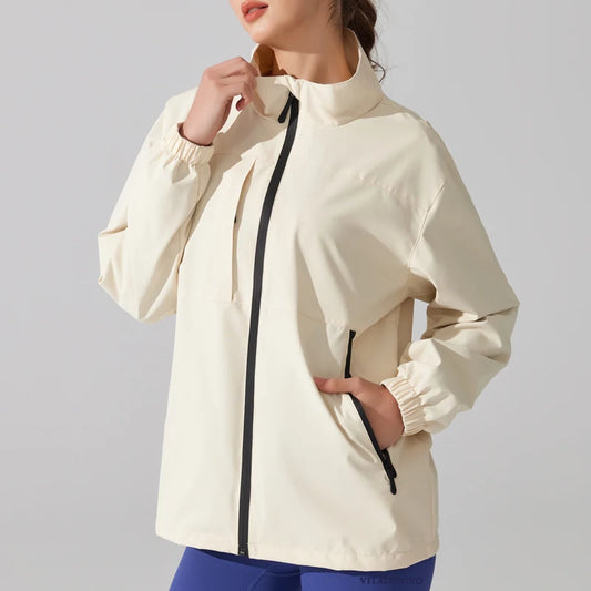 Women's Waterproof Rain Jacket with Stand Collar - Lightweight, Full Zipper