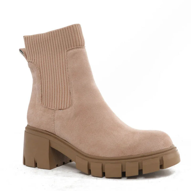 Women's Square Heel Ankle Boots with Thick Sole, Round Toe Faux Suede