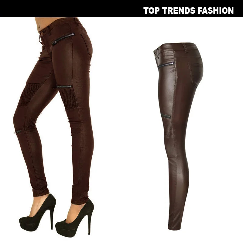 Women's PU Leather-Coated Slim Stretch Pants with Zipper Pockets