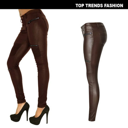 Women's PU Leather-Coated Slim Stretch Pants with Zipper Pockets