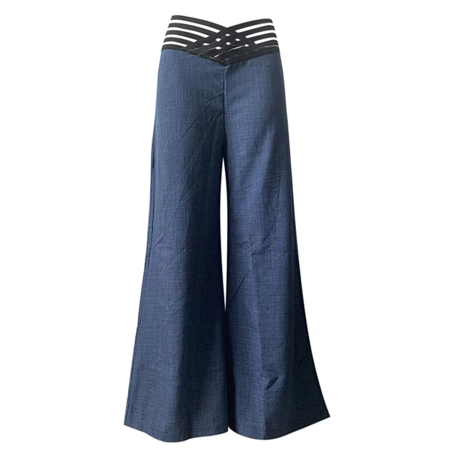 Women's High-Waisted Waist Belt Casual Straight Loose Wide-Leg Pants