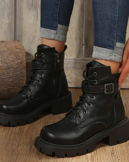 Women’s Chunky Heel Belt Buckle Boots with Lace-Up Design