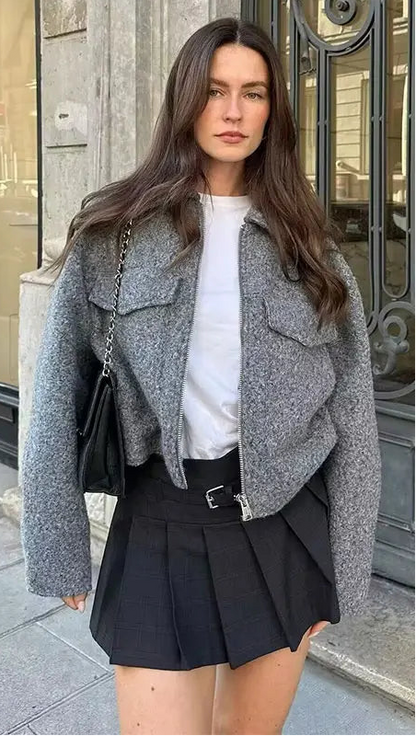 Women's Long Sleeve Woolen Zipper Jacket with Pockets