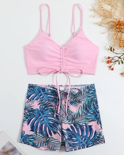 Tropical Print High Waist Drawstring Bikini for Women Tie-Front Swimsuit
