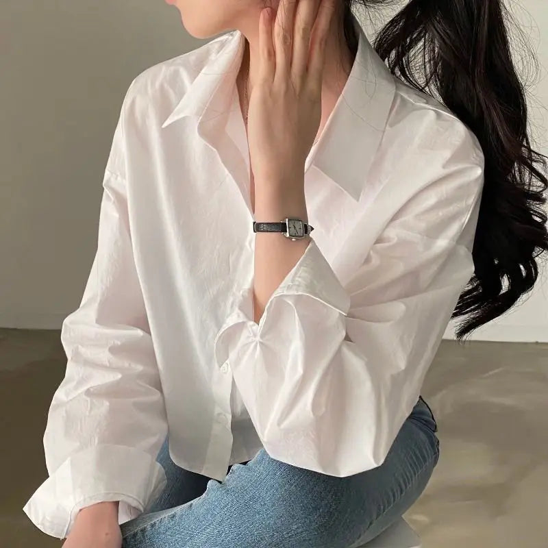 Casual Long Sleeve Women's Shirt - Korean Style Button-Up Blouse