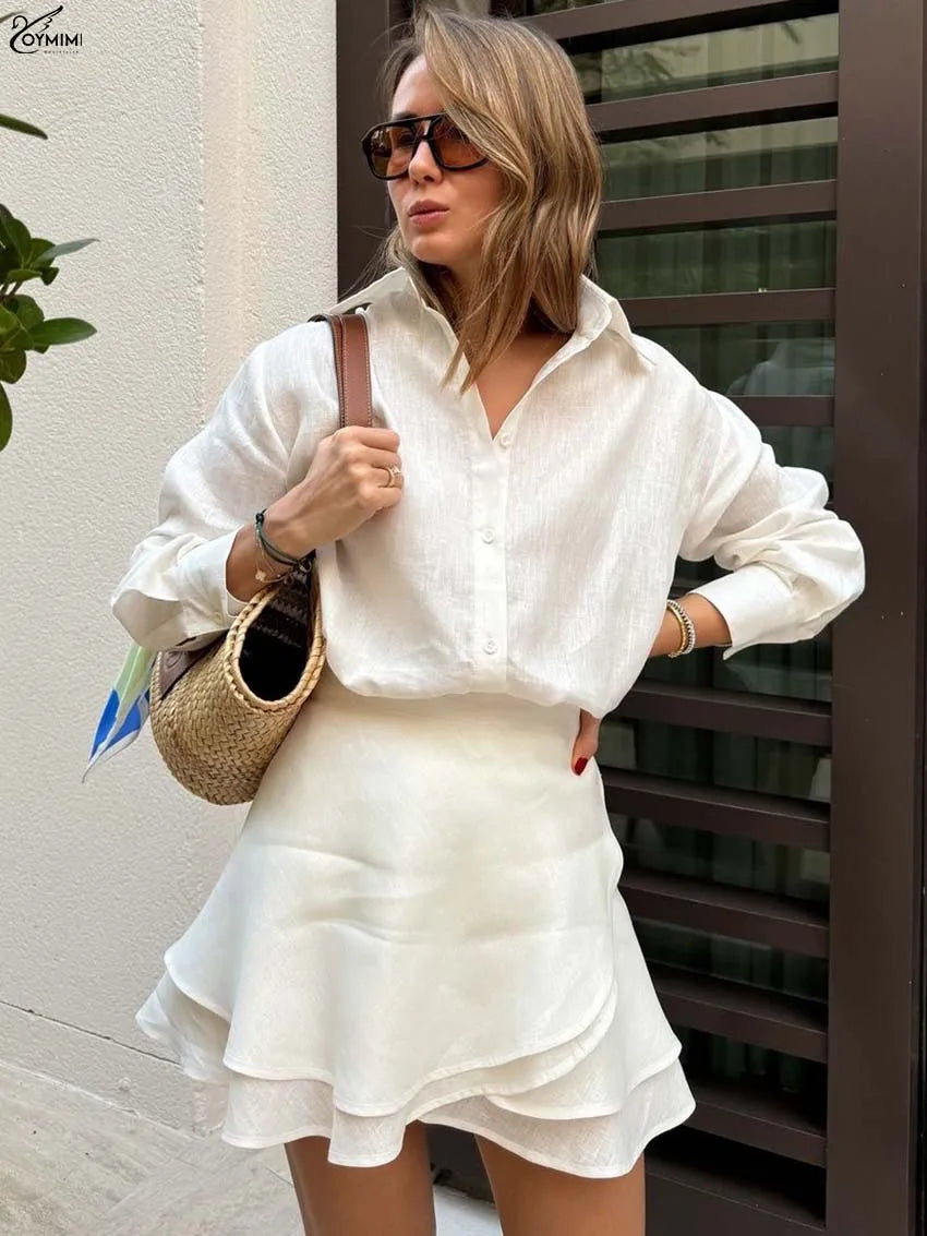 Elegant Women's Two-Piece Set – Long Sleeve Button Shirt & High-Waisted Lace-Up Mini Skirt