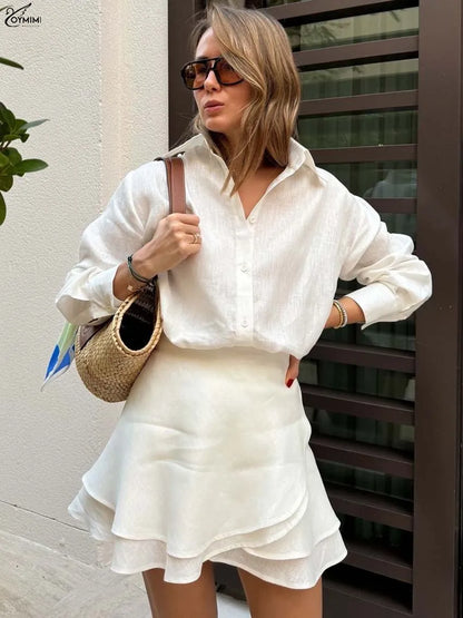 Elegant Women's Two-Piece Set – Long Sleeve Button Shirt & High-Waisted Lace-Up Mini Skirt