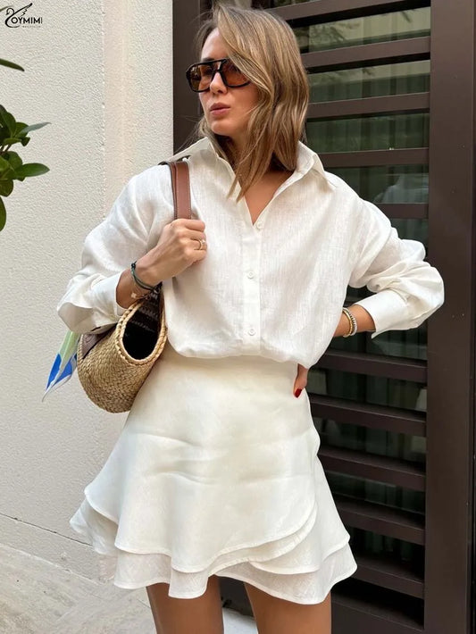 Elegant Women's Two-Piece Set – Long Sleeve Button Shirt & High-Waisted Lace-Up Mini Skirt