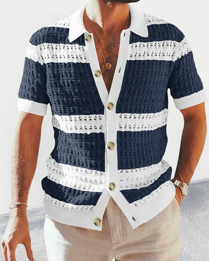 Men’s Casual Striped Knitted Button-Up Shirt with Lapel