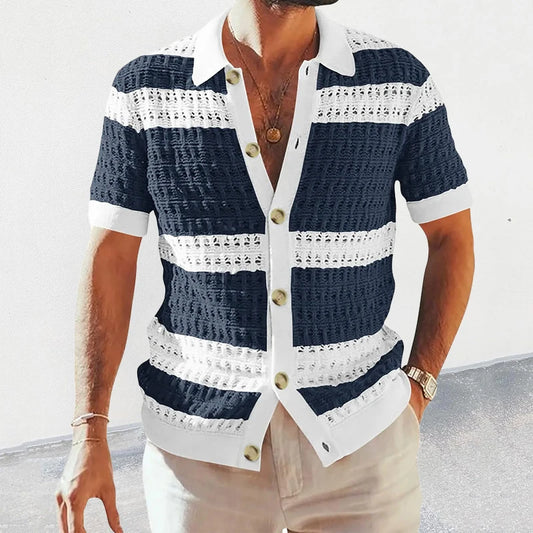 Men’s Casual Striped Knitted Button-Up Shirt with Lapel