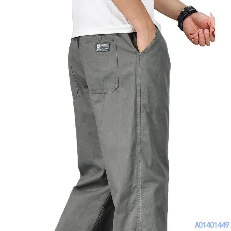 Men's Casual Cotton Pants with Relaxed Fit, Elastic Waist, and Drawstring