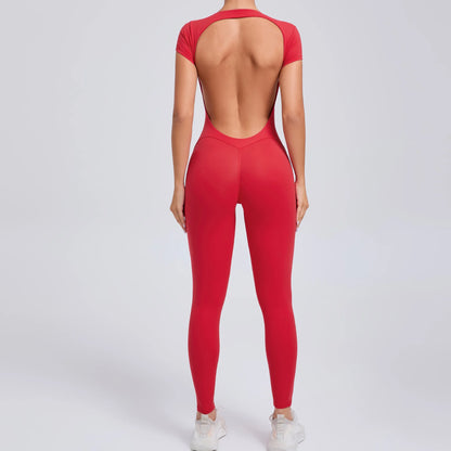 Women's Padded Short Sleeve One-Piece Jumpsuit - Quick-Dry, Backless Sports Suit for Active Fitness