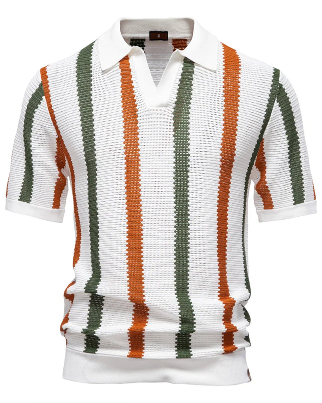 Men's Ribbed Knit Striped Polo T-Shirt