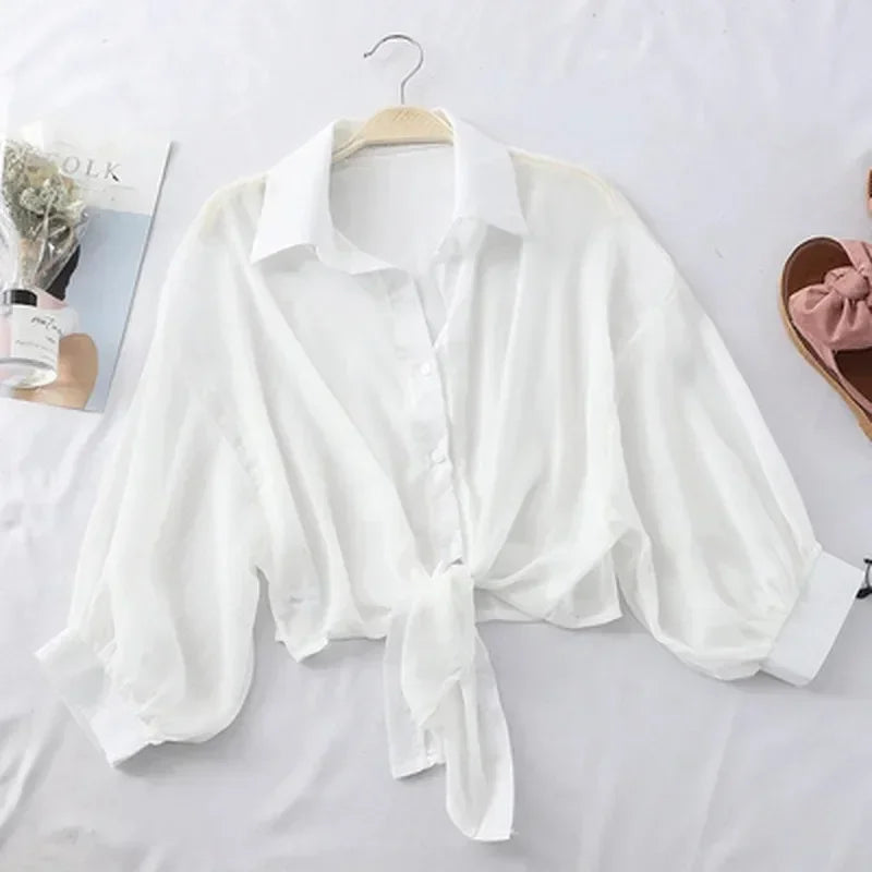 Women's Loose Tied Waist Blouse - Half Sleeve Chiffon Button-Up Shirt