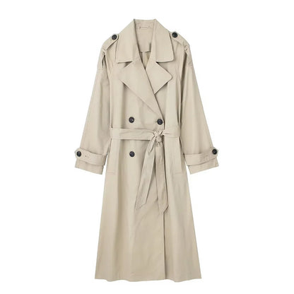 Women's Double-Breasted Trench Coat with Belt and Lapel Collar