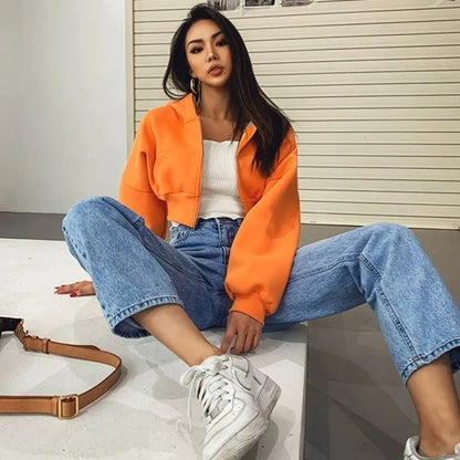 Women's Cropped Zip-Up Hoodie Jacket - Vintage Style with Pockets