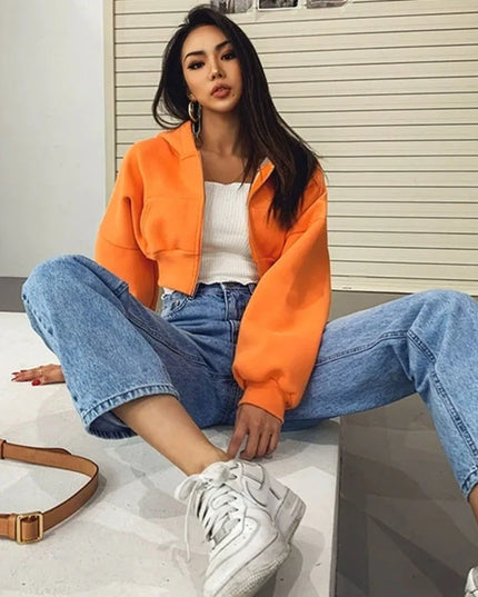 Cropped Zip-Up Hooded Jacket for Women with Pockets