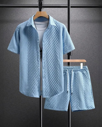 Men's Textured Two-Piece Short Sleeve Shirt and Drawstring Shorts Set