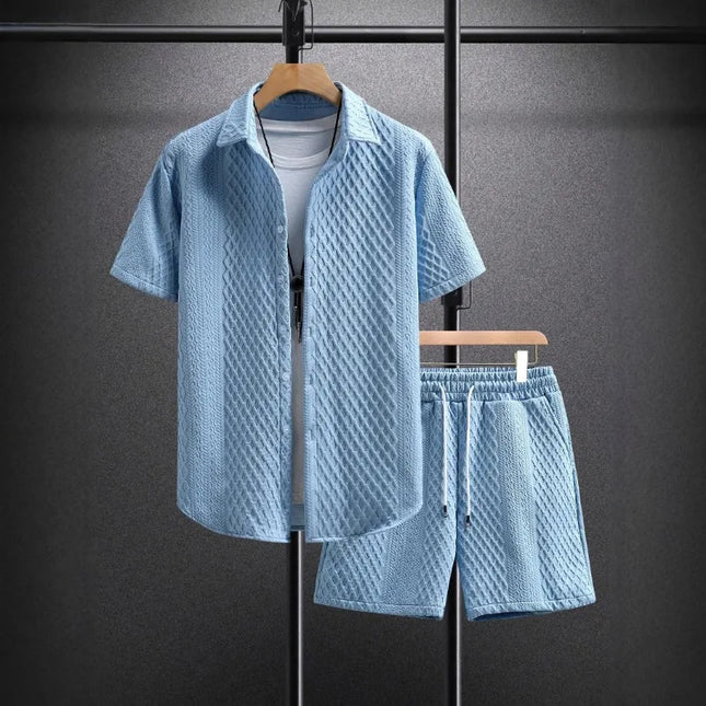 Men's Textured Two-Piece Short Sleeve Shirt and Drawstring Shorts Set